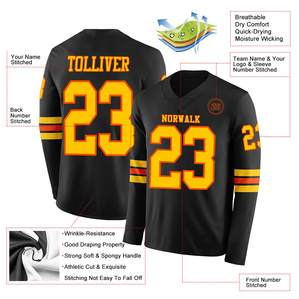Custom Black Yellow-Orange Long Sleeve Authentic Football Jersey view 2