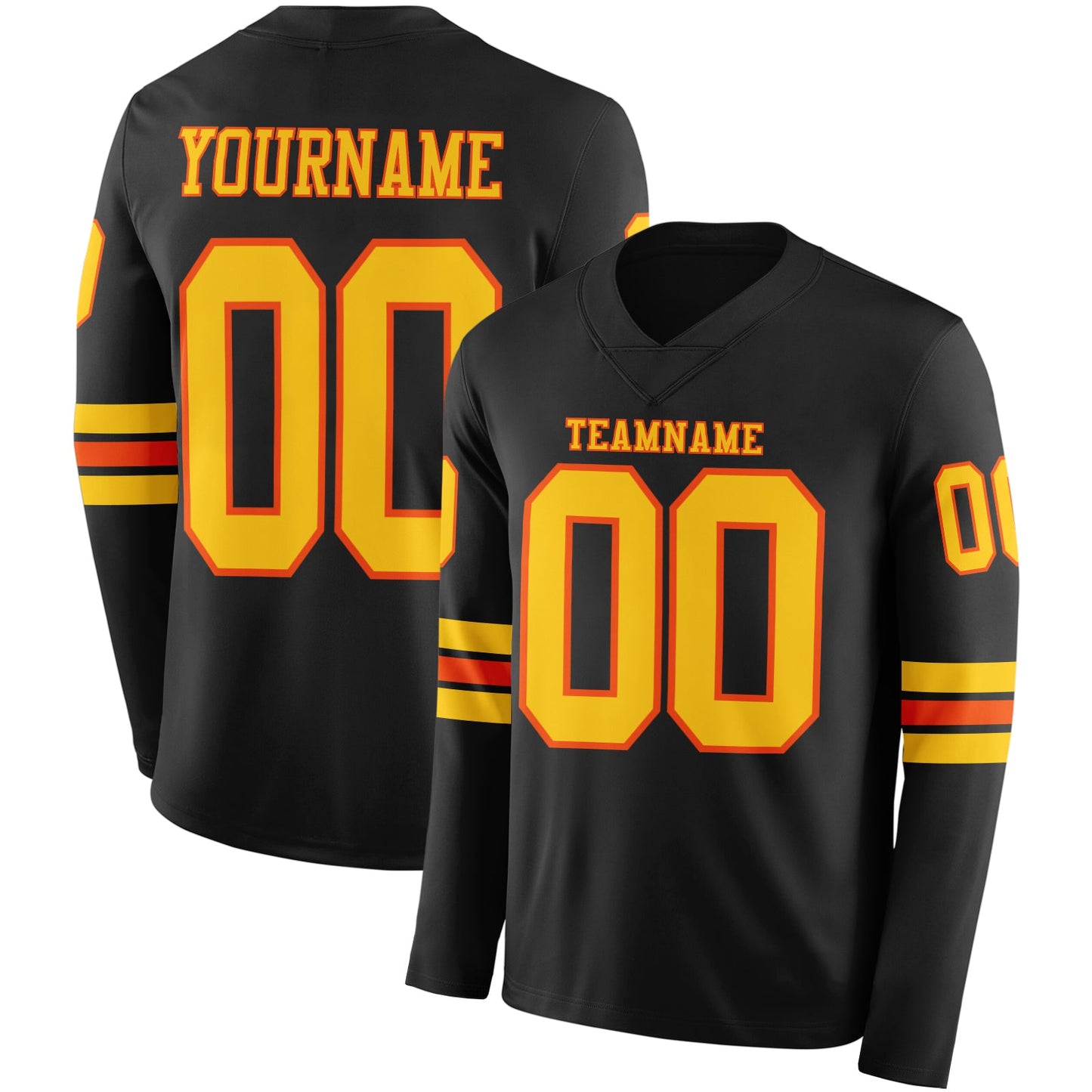 Custom Black Yellow-Orange Long Sleeve Authentic Football Jersey - Main View