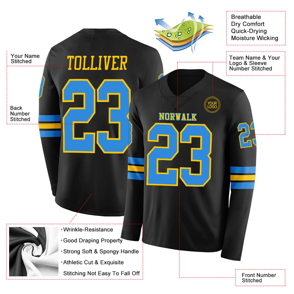 Custom Black Powder Blue-Yellow Long Sleeve Authentic Football Jersey view 2
