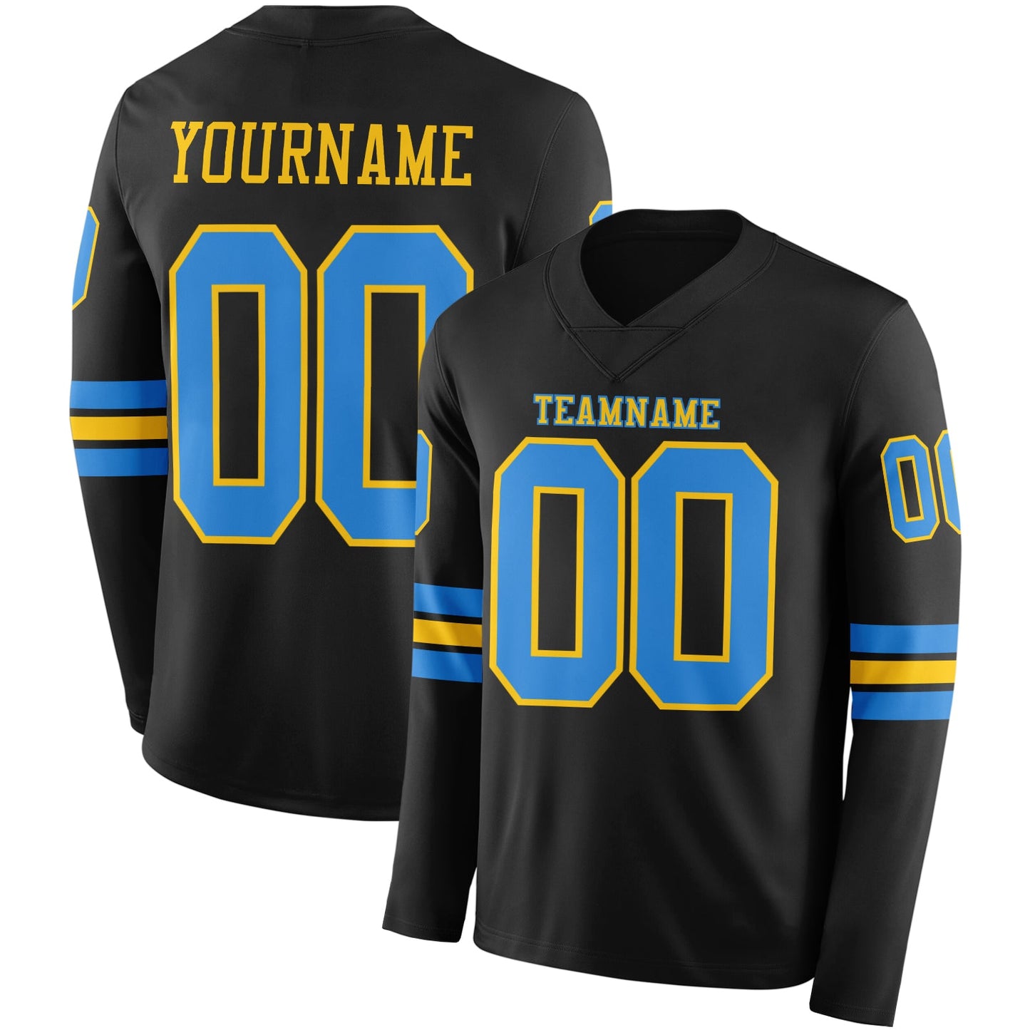 Custom Black Powder Blue-Yellow Long Sleeve Authentic Football Jersey - Main View