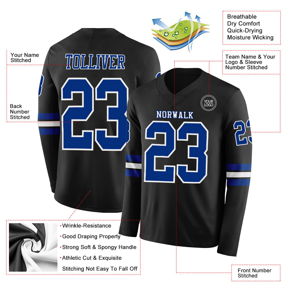 Custom Black Royal-White Long Sleeve Authentic Football Jersey view 2