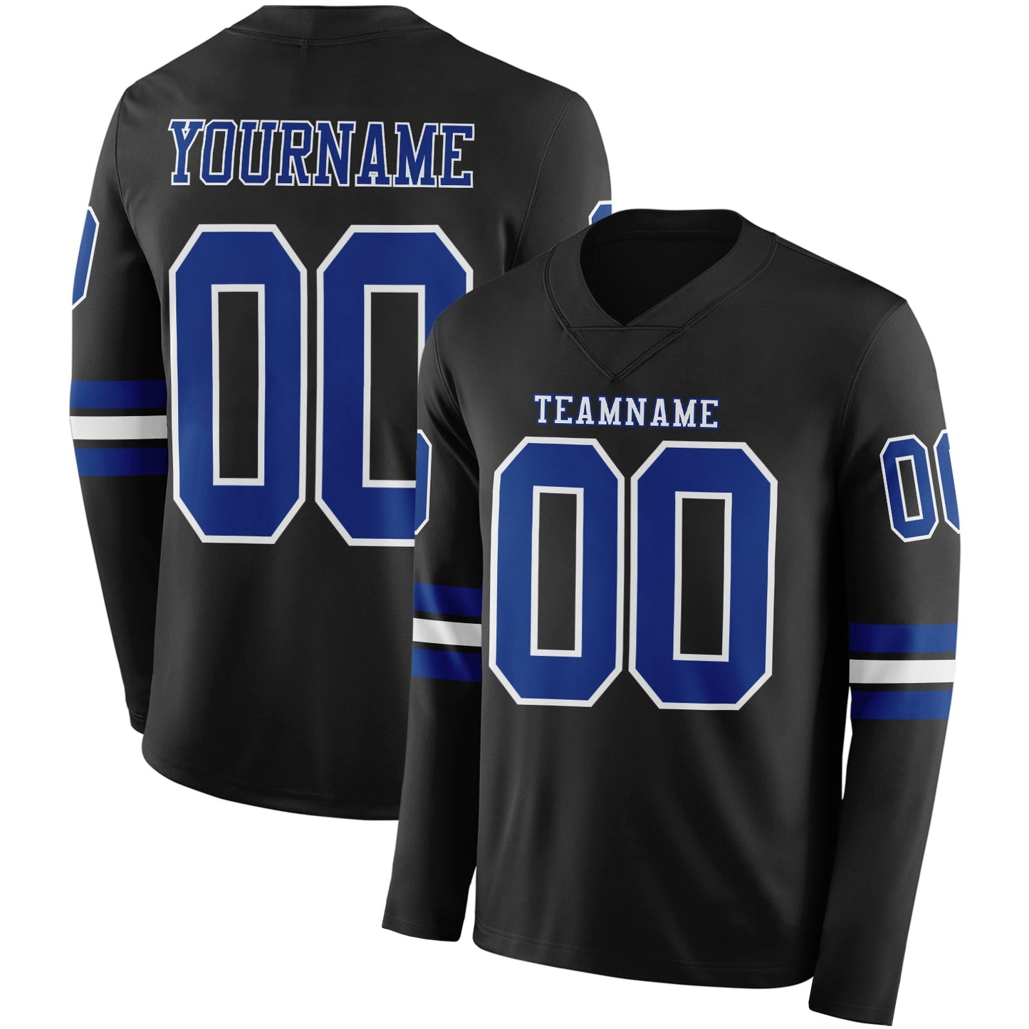Custom Black Royal-White Long Sleeve Authentic Football Jersey - Main View