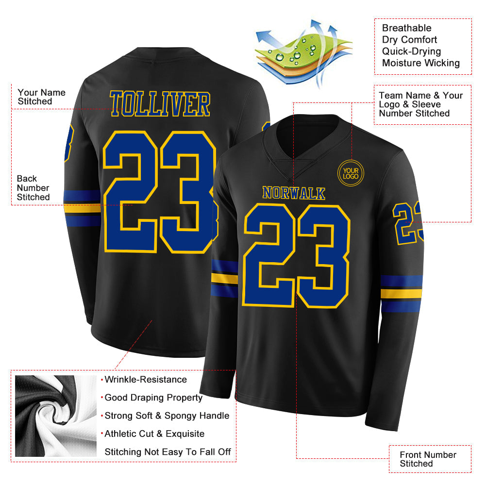 Custom Black Royal-Yellow Long Sleeve Authentic Football Jersey view 2