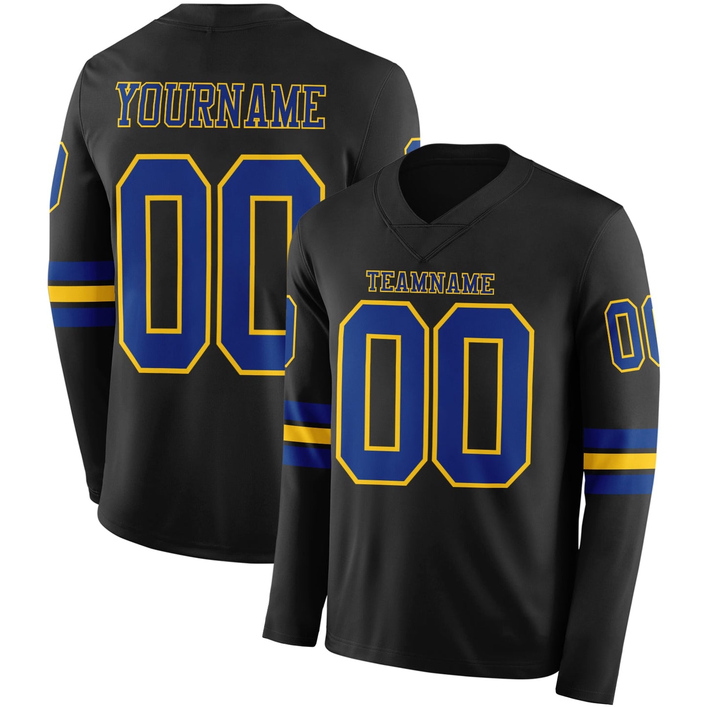 Custom Black Royal-Yellow Long Sleeve Authentic Football Jersey - Main View