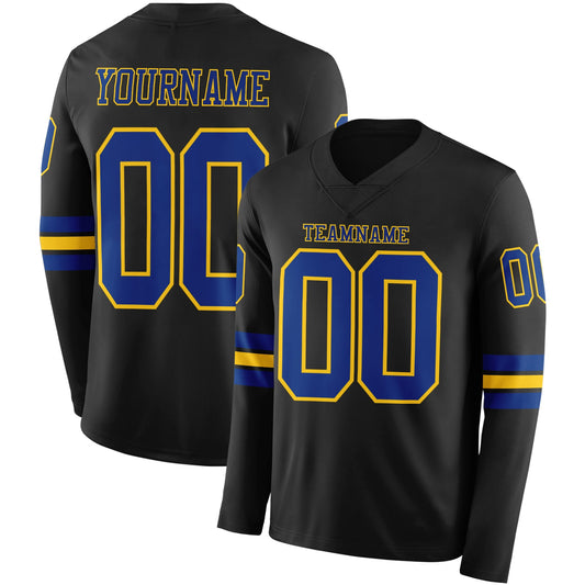 Custom Black Royal-Yellow Long Sleeve Authentic Football Jersey - Main View