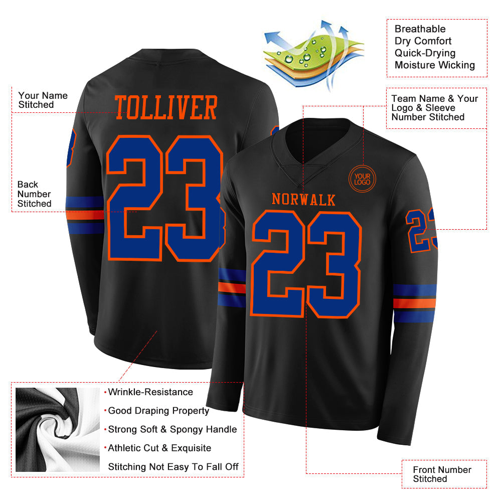 Custom Black Royal-Orange Long Sleeve Authentic Football Jersey view 2