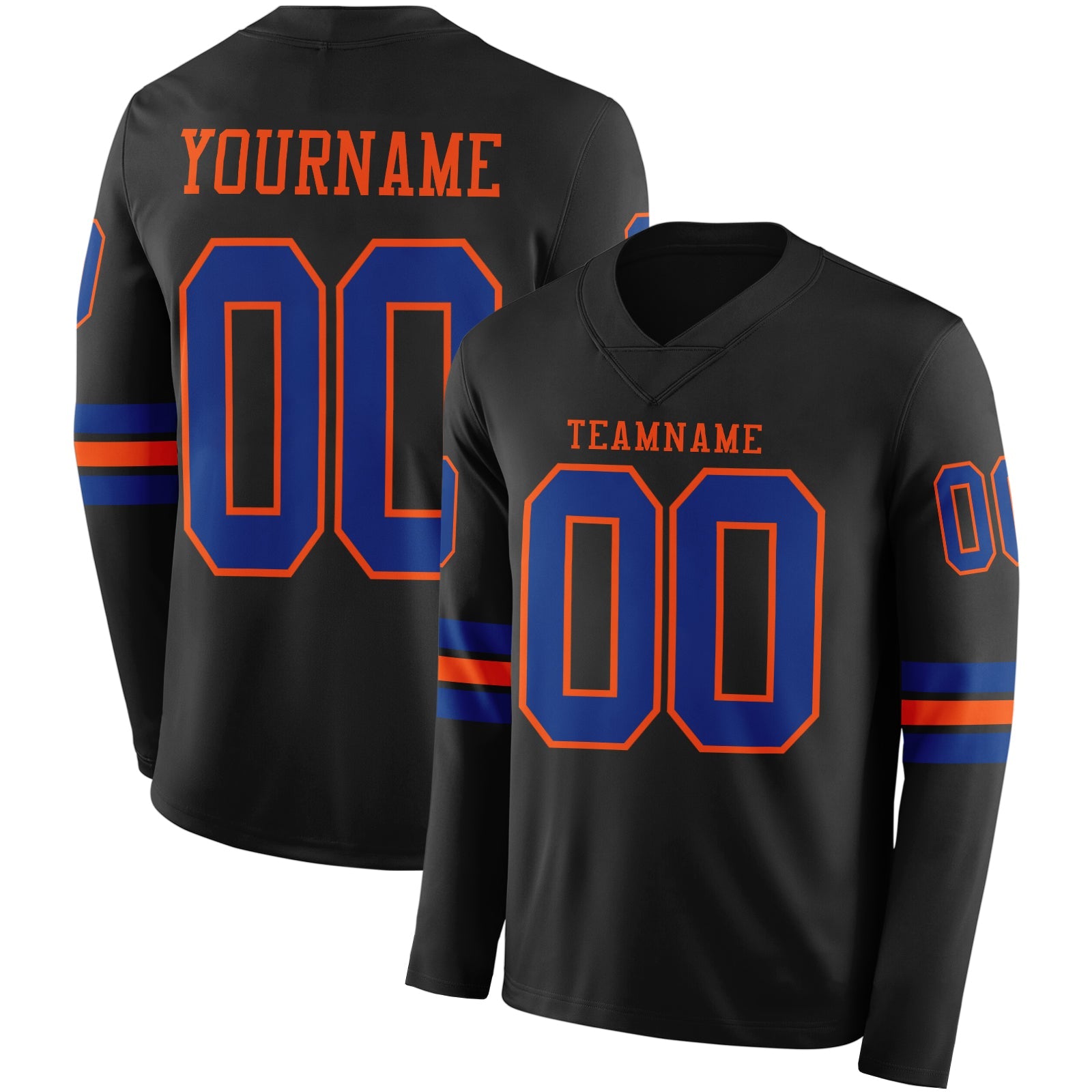 Custom Black Royal-Orange Long Sleeve Authentic Football Jersey - Main View