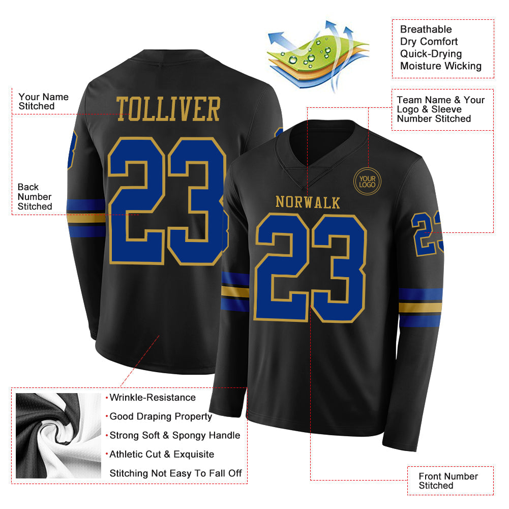 Custom Black Royal-Old Gold Long Sleeve Authentic Football Jersey view 2