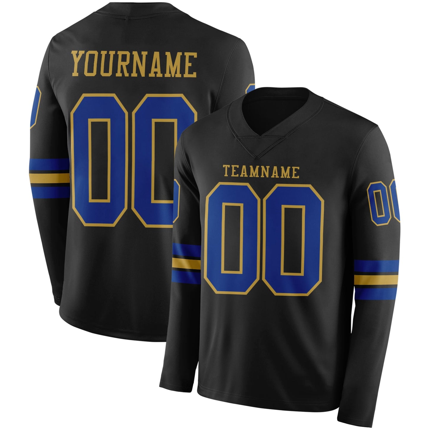 Custom Black Royal-Old Gold Long Sleeve Authentic Football Jersey - Main View