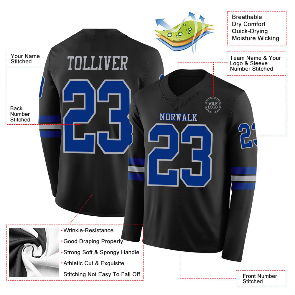 Custom Black Royal-Gray Long Sleeve Authentic Football Jersey view 2