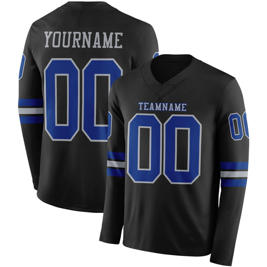 Custom Black Royal-Gray Long Sleeve Authentic Football Jersey - Main View