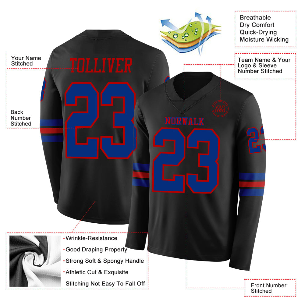 Custom Black Royal-Red Long Sleeve Authentic Football Jersey view 2