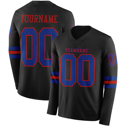 Custom Black Royal-Red Long Sleeve Authentic Football Jersey - Main View