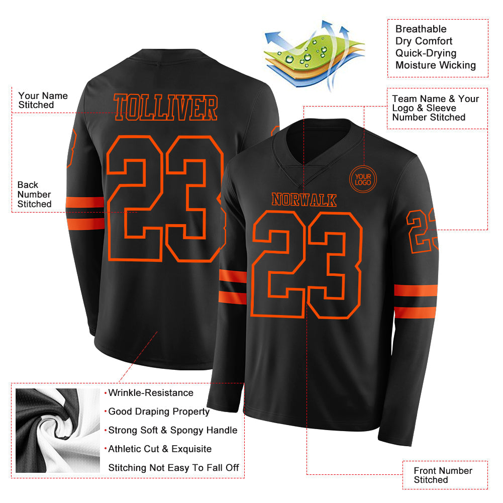 Custom Black Orange Long Sleeve Authentic Football Jersey view 2