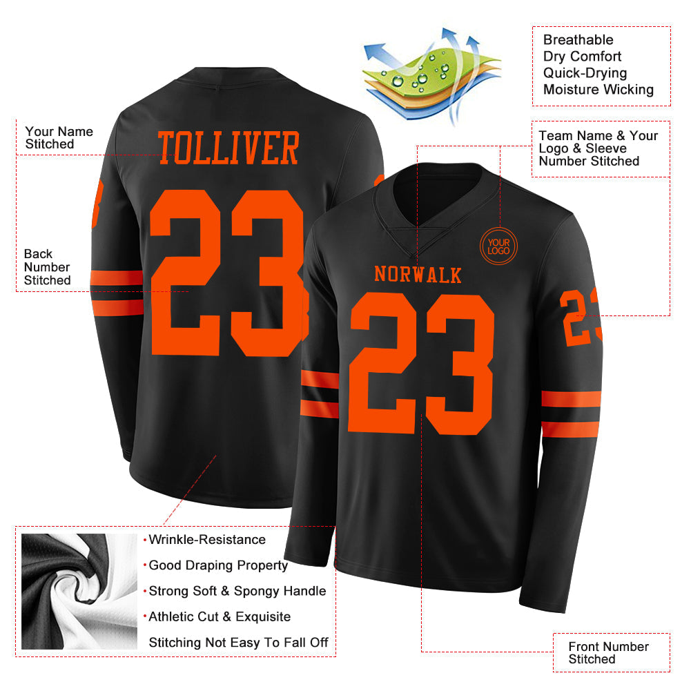 Custom Black Orange Long Sleeve Authentic Football Jersey view 2