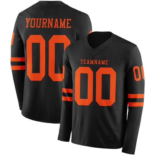 Custom Black Orange Long Sleeve Authentic Football Jersey - Main View
