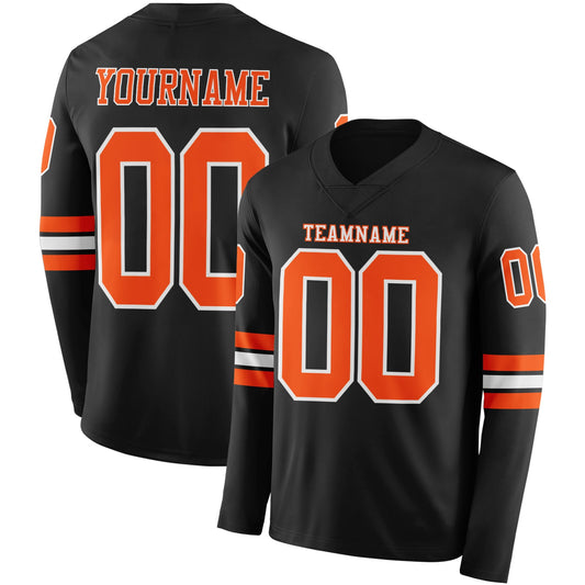 Custom Black Orange-White Long Sleeve Authentic Football Jersey - Main View