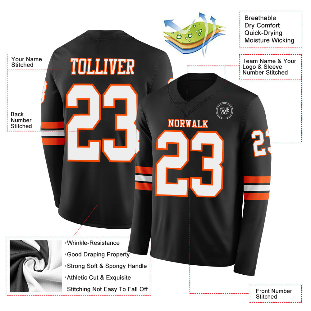 Custom Black White-Orange Long Sleeve Authentic Football Jersey view 2