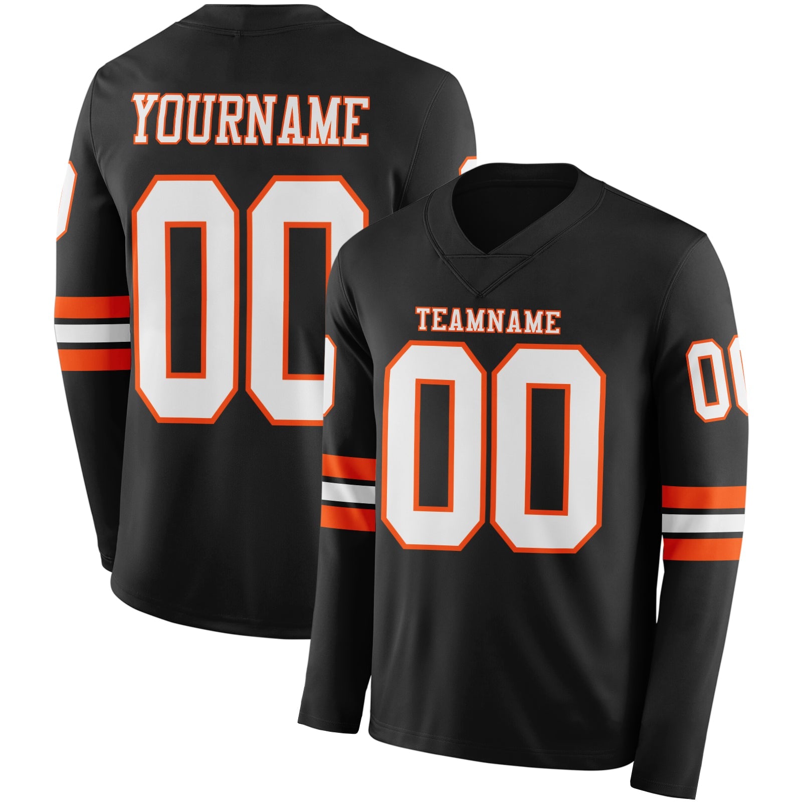 Custom Black White-Orange Long Sleeve Authentic Football Jersey - Main View