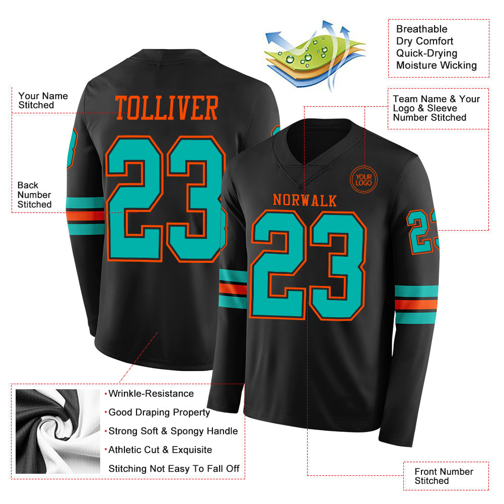 Custom Black Aqua-Orange Long Sleeve Authentic Football Jersey view 2