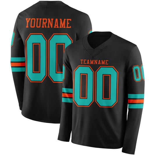 Custom Black Aqua-Orange Long Sleeve Authentic Football Jersey - Main View