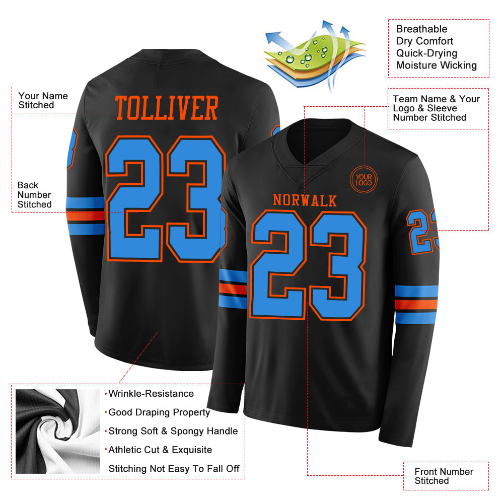 Custom Black Powder Blue-Orange Long Sleeve Authentic Football Jersey view 2