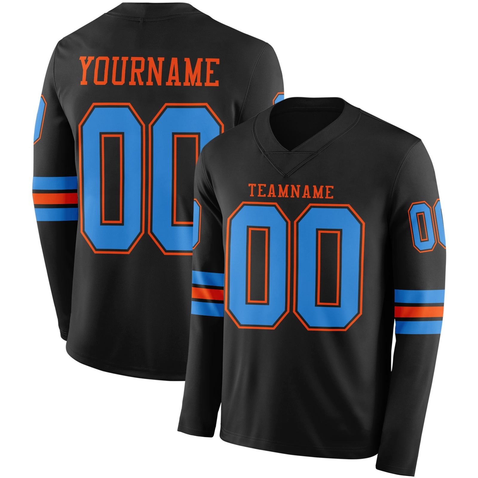Custom Black Powder Blue-Orange Long Sleeve Authentic Football Jersey - Main View