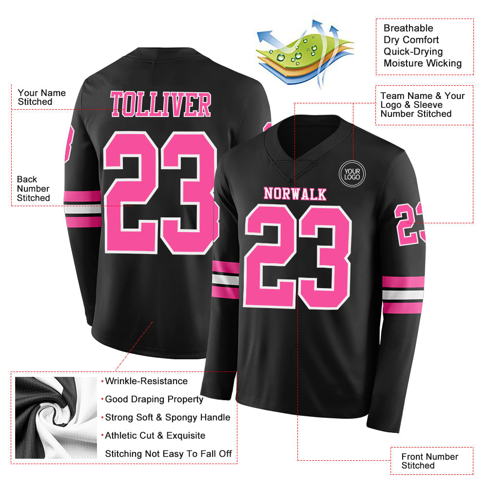 Custom Black Pink-White Long Sleeve Authentic Football Jersey view 2