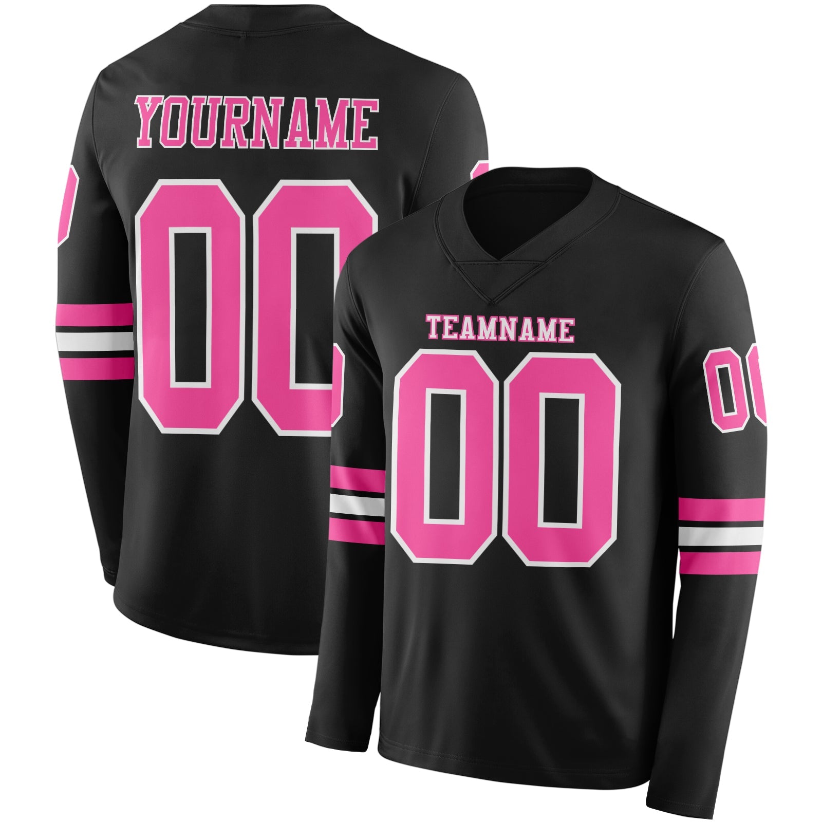Custom Black Pink-White Long Sleeve Authentic Football Jersey - Main View