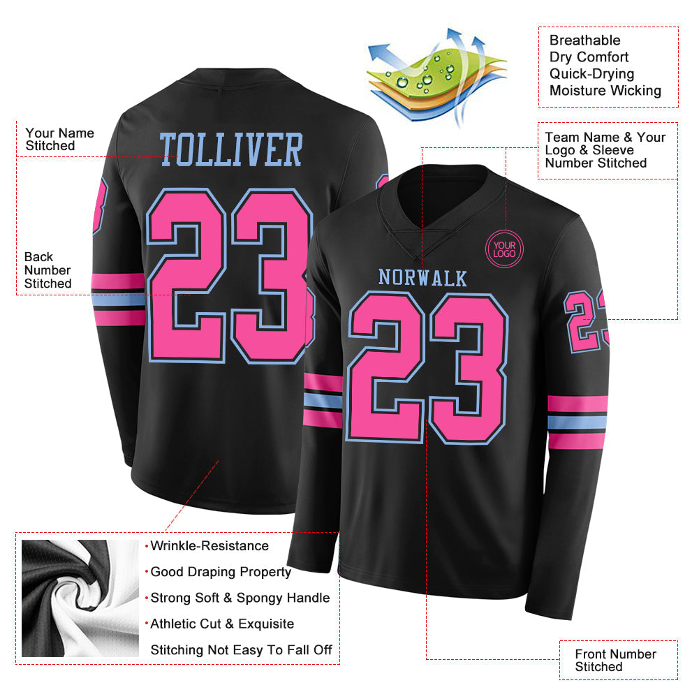Custom Black Pink-Light Blue Long Sleeve Authentic Football Jersey view 2