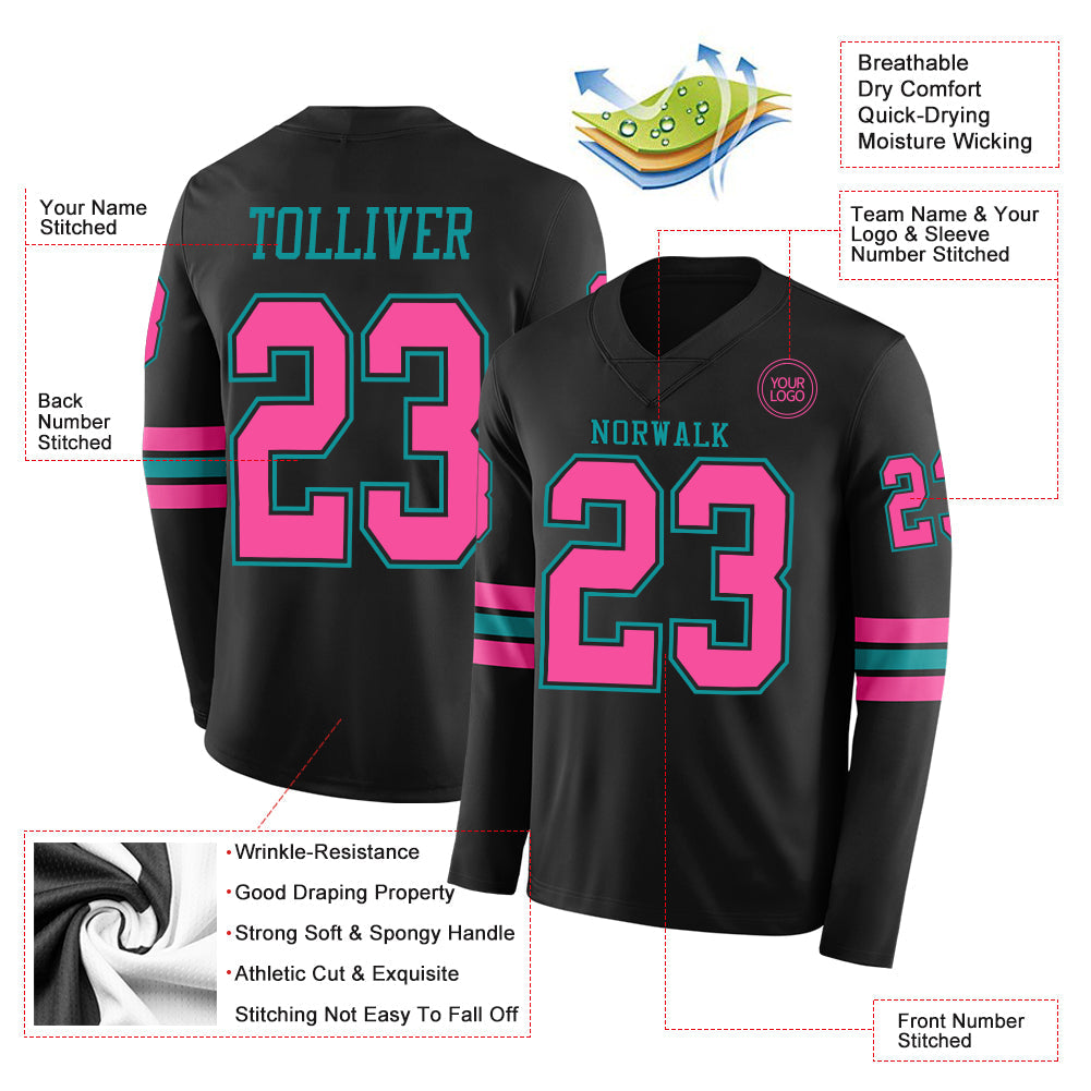 Custom Black Pink-Teal Long Sleeve Authentic Football Jersey view 2
