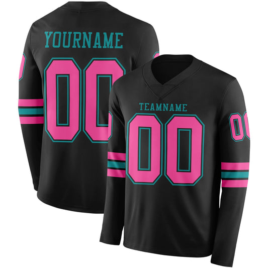 Custom Black Pink-Teal Long Sleeve Authentic Football Jersey - Main View