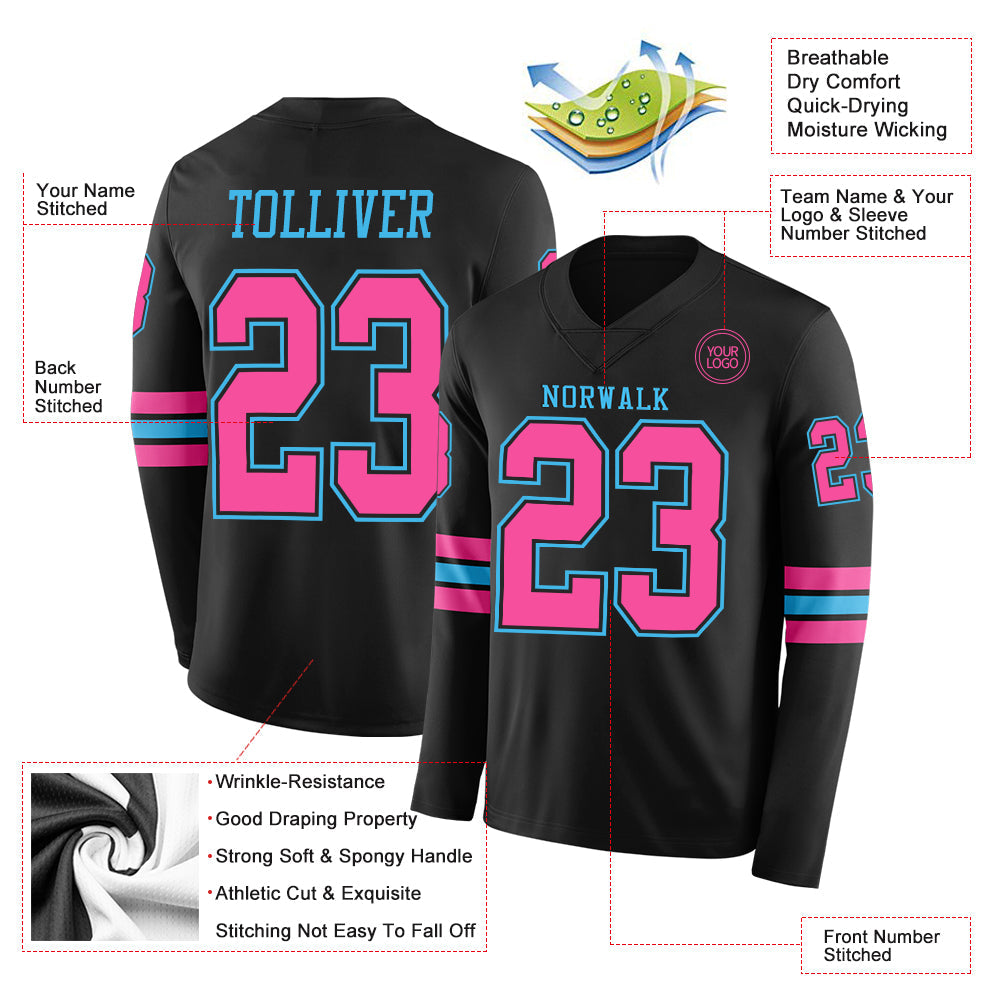 Custom Black Pink-Sky Blue Long Sleeve Authentic Football Jersey view 2