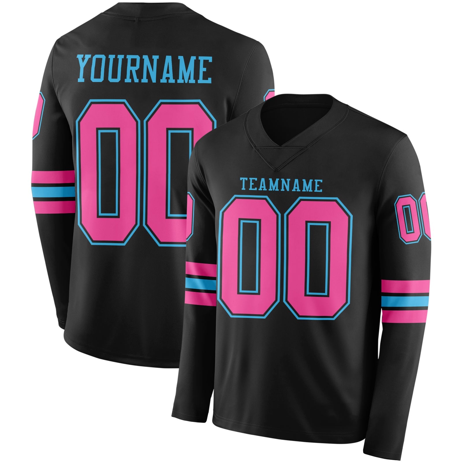 Custom Black Pink-Sky Blue Long Sleeve Authentic Football Jersey - Main View