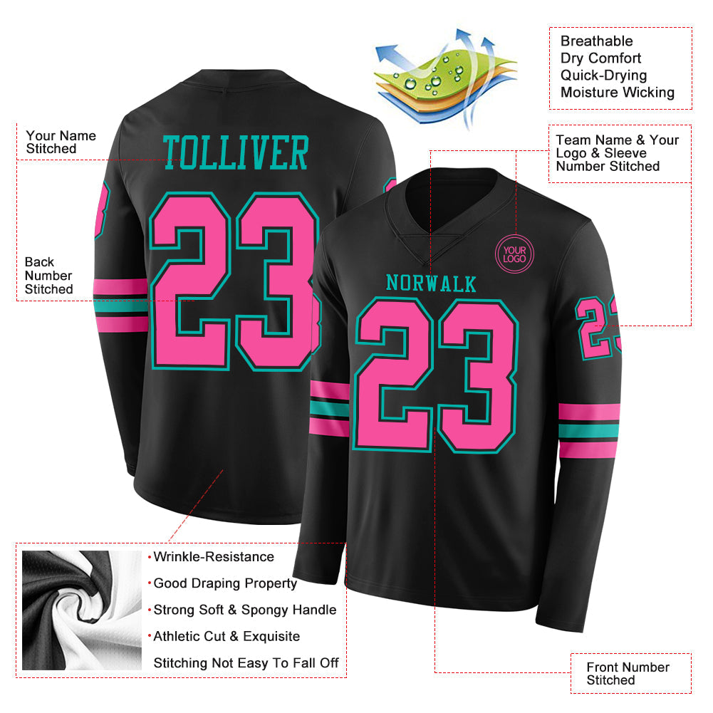 Custom Black Pink-Aqua Long Sleeve Authentic Football Jersey view 2