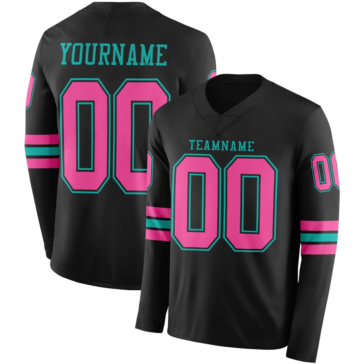Custom Black Pink-Aqua Long Sleeve Authentic Football Jersey - Main View
