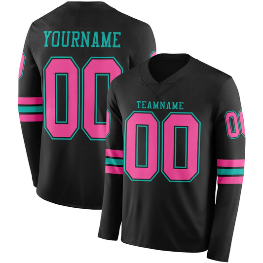 Custom Black Pink-Aqua Long Sleeve Authentic Football Jersey - Main View