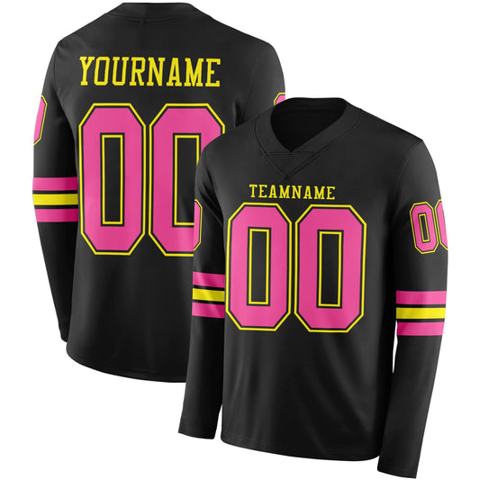 Custom Black Pink-Light Yellow Long Sleeve Authentic Football Jersey - Main View