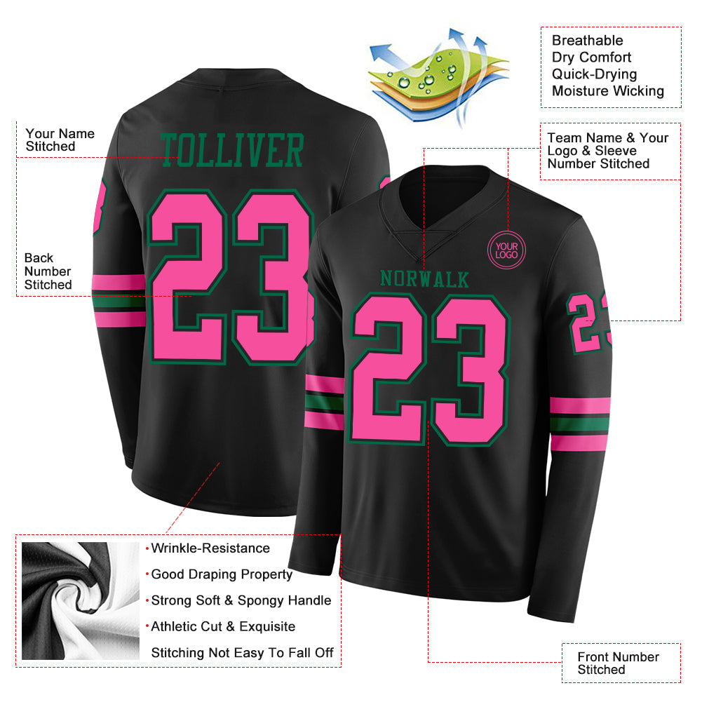 Custom Black Pink-Kelly Green Long Sleeve Authentic Football Jersey view 2