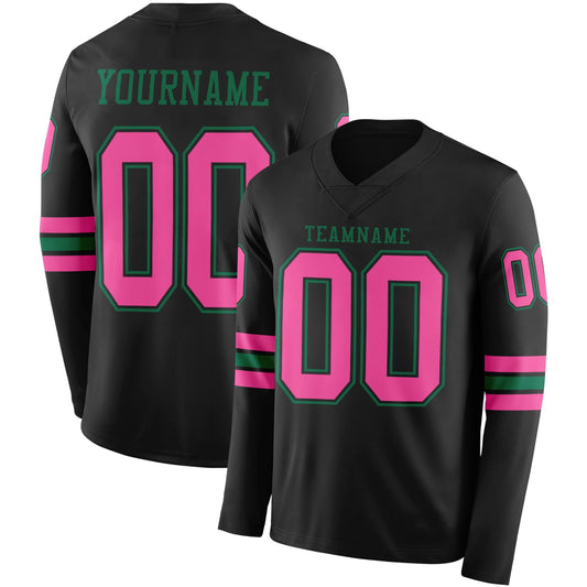 Custom Black Pink-Kelly Green Long Sleeve Authentic Football Jersey - Main View