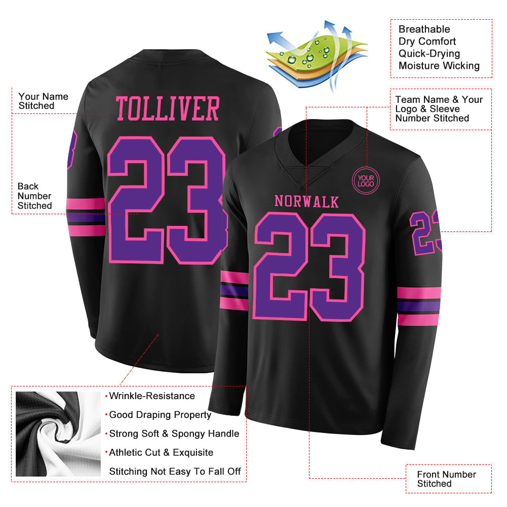 Custom Black Purple-Pink Long Sleeve Authentic Football Jersey view 2
