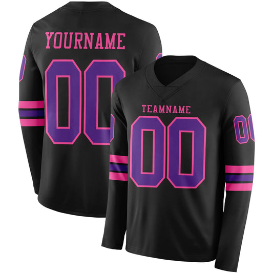 Custom Black Purple-Pink Long Sleeve Authentic Football Jersey - Main View