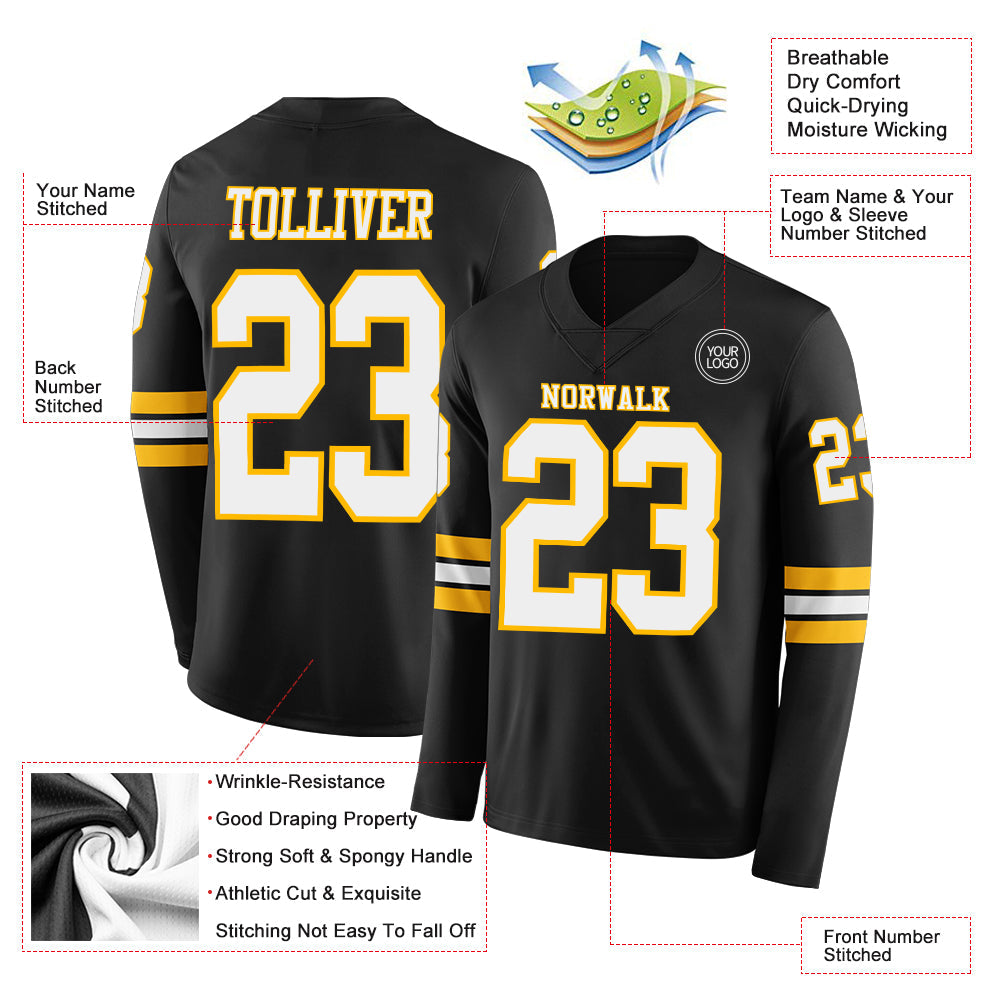 Custom Black White-Gold Long Sleeve Authentic Football Jersey view 2