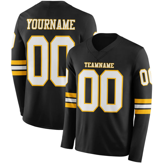 Custom Black White-Gold Long Sleeve Authentic Football Jersey - Main View