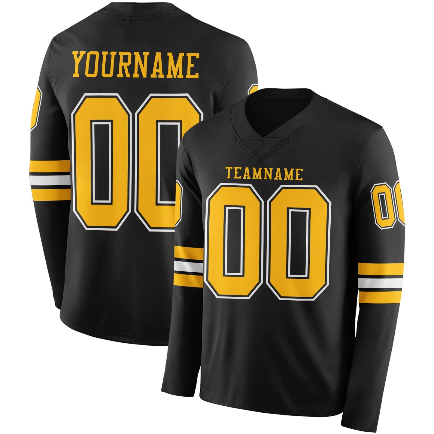 Custom Black Gold-White Long Sleeve Authentic Football Jersey - Main View