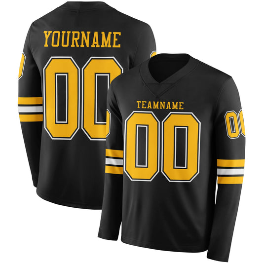 Custom Black Gold-White Long Sleeve Authentic Football Jersey - Main View