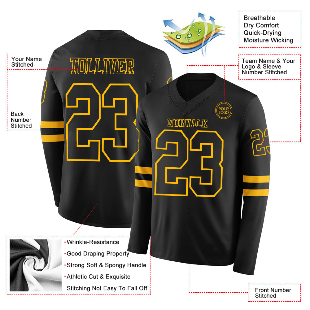 Custom Black Gold Long Sleeve Authentic Football Jersey view 2
