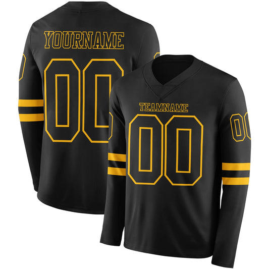 Custom Black Gold Long Sleeve Authentic Football Jersey - Main View