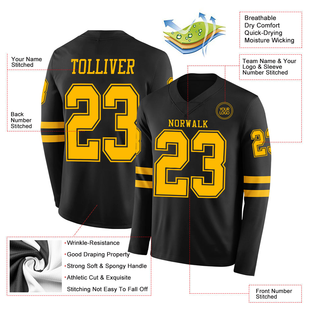 Custom Black Gold Long Sleeve Authentic Football Jersey view 2