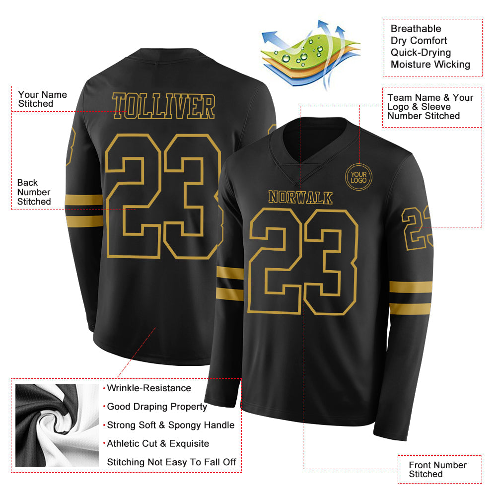 Custom Black Old Gold Long Sleeve Authentic Football Jersey view 2